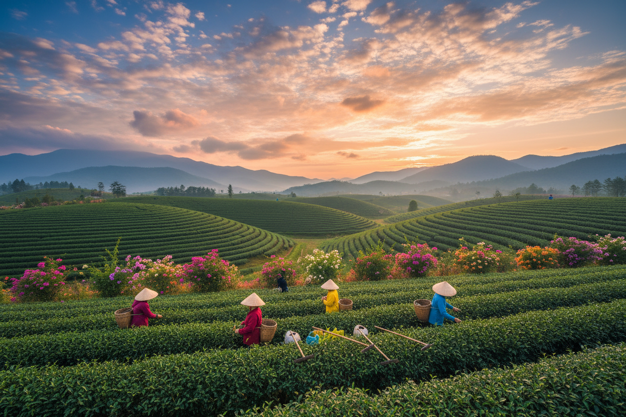 People working in a tea field with a scenic sunset and mountains in the background